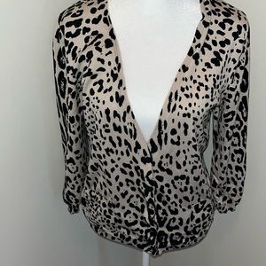 Women’s Per Se leopard print cardigan sweater L large black & tan beige